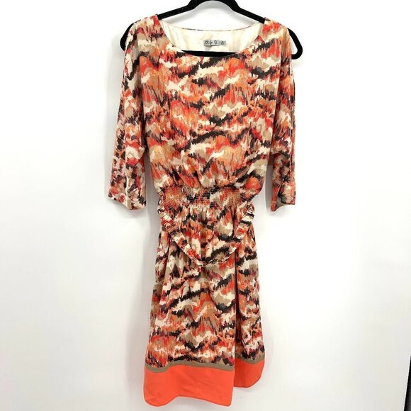 ELIZA J Orange Brown Cream Smock Waist 3/4 Sleeve Cold Shoulder Sheath Dress 8 - Picture 2 of 9